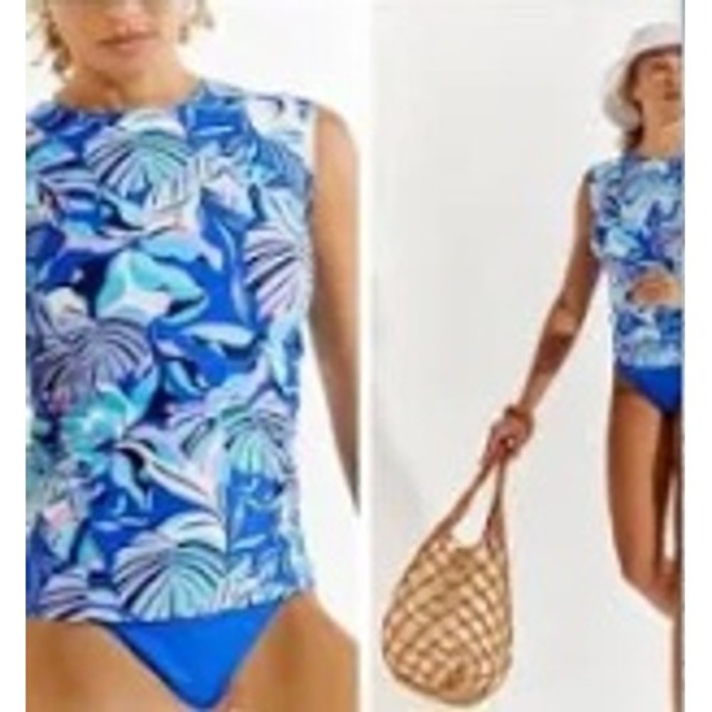Coolibar Kaylana Tank UPF 50+ Swim Top Blue Tropical Palm Leaf 10642 Womens L